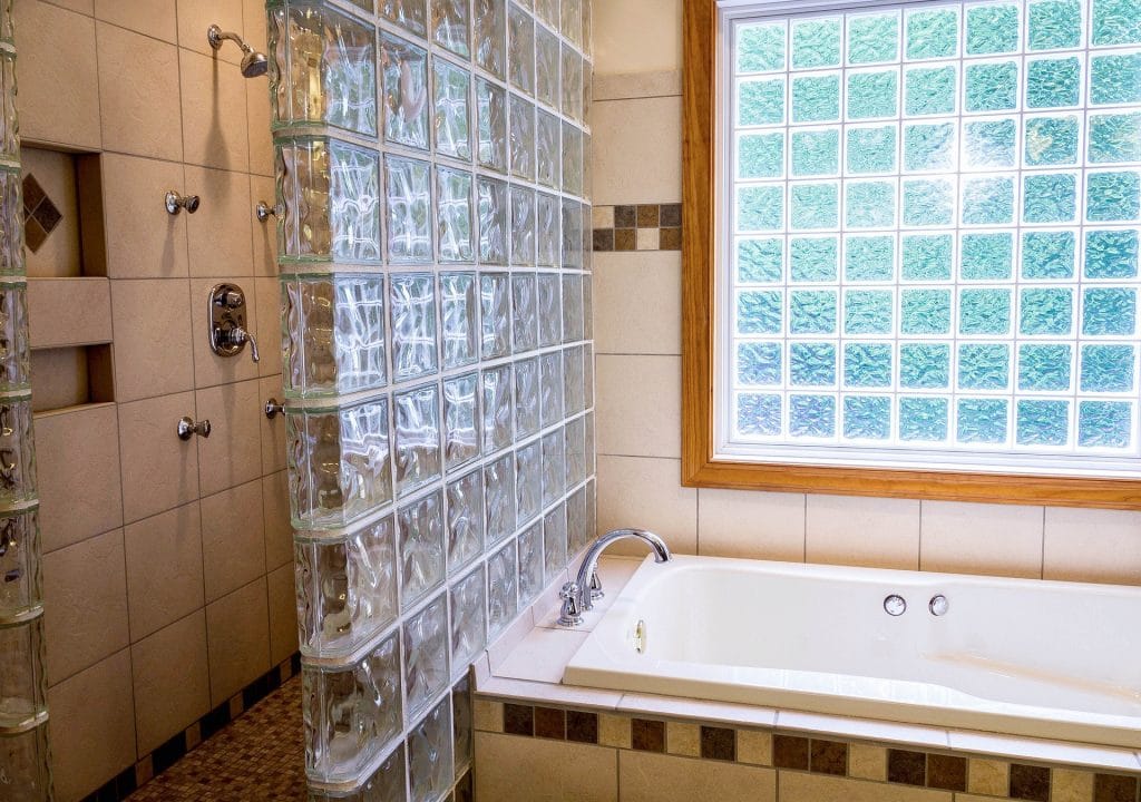 Shower, Tub, Bathroom, Ceramic Tile, Glass Blocks