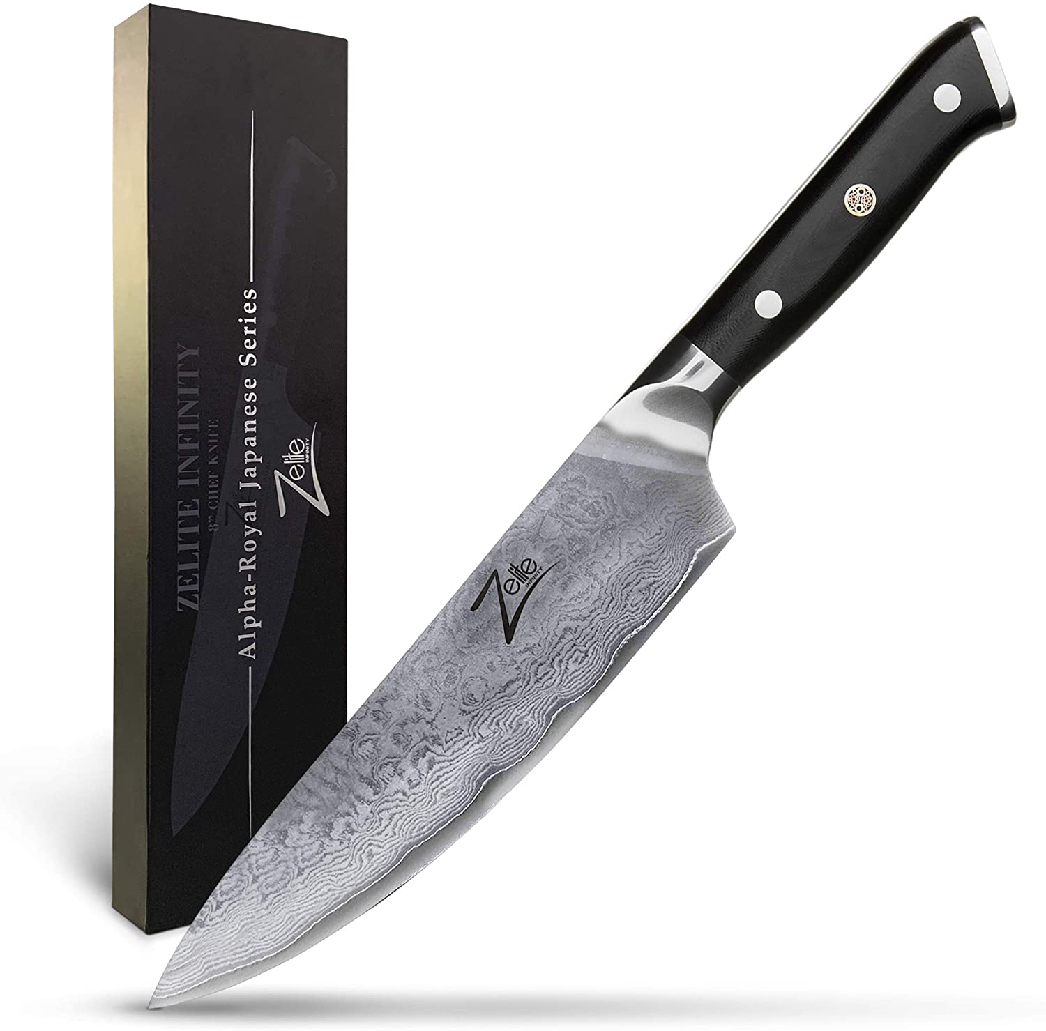 Zelite Infinity 8-inch Damascus Chef Knife AUS-10 Super Stainless Steel (Best sharp Damascus steel knife)