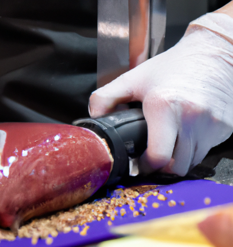 wearing glove while cutting meat with electric knife