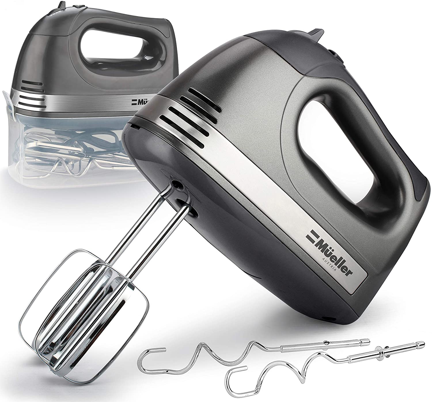 Mueller Electric Hand Mixer, 5 Speed 250W Turbo with Snap-On Storage Case