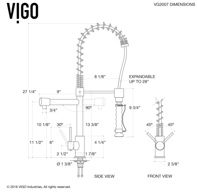 Vigo kitchen sink faucet dimensions