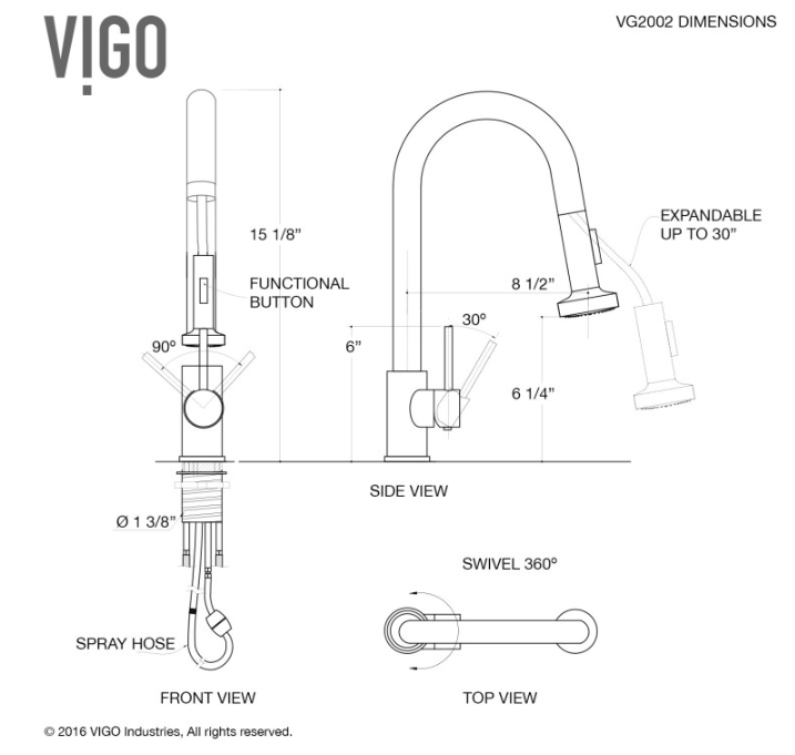 Vigo kitchen sink faucet dimensions