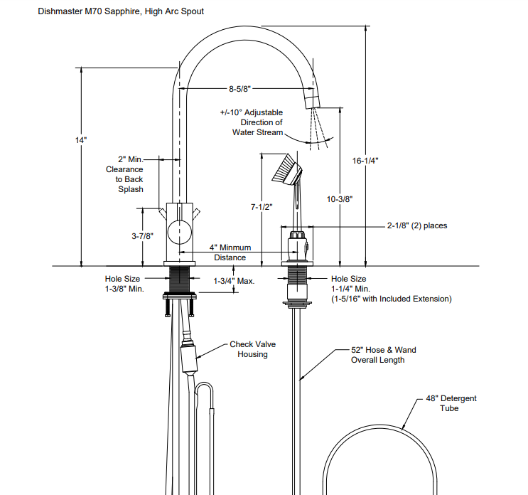 Dishmaster sink faucet dimensions