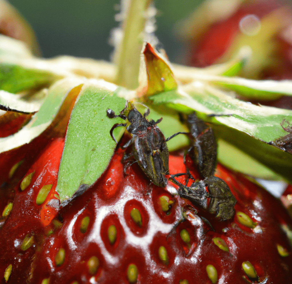 three black bugs crawling of strawberries