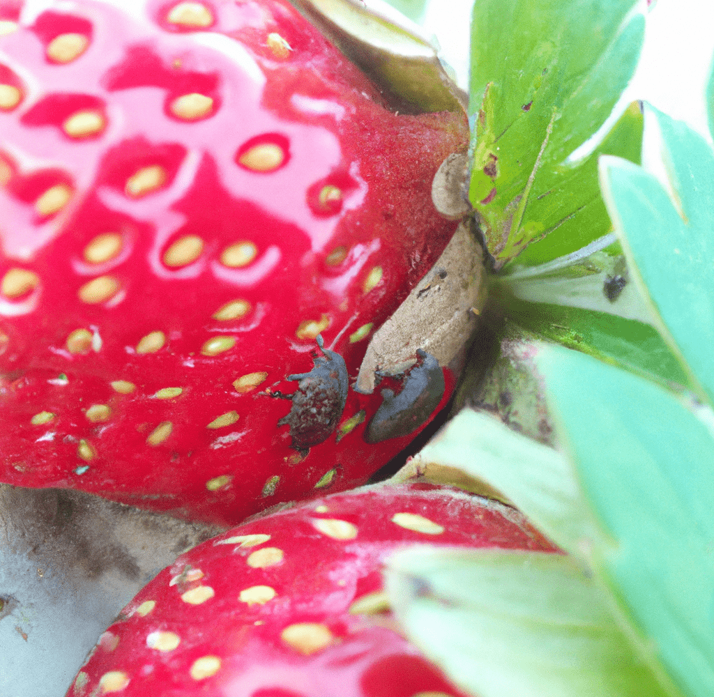 two brown bugs crawling on strawberries