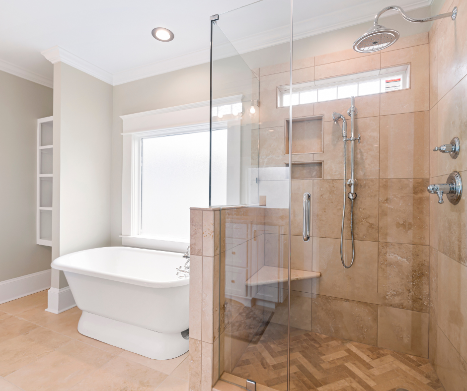 A shower enclosure with a sliding door