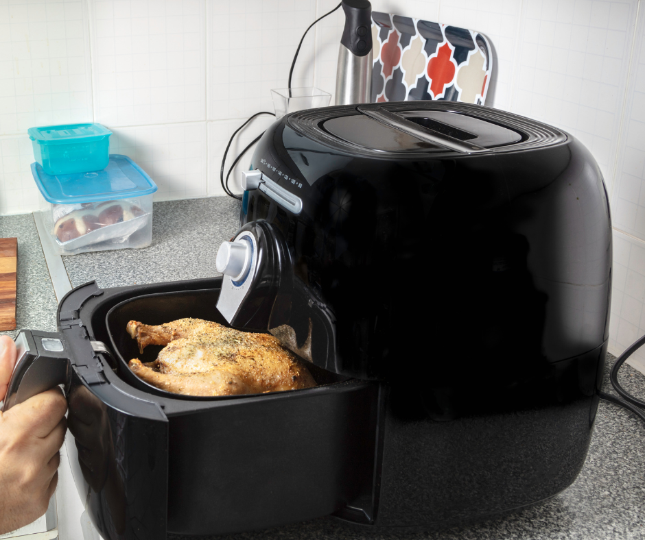 A convection oven with air fryer features and digital display