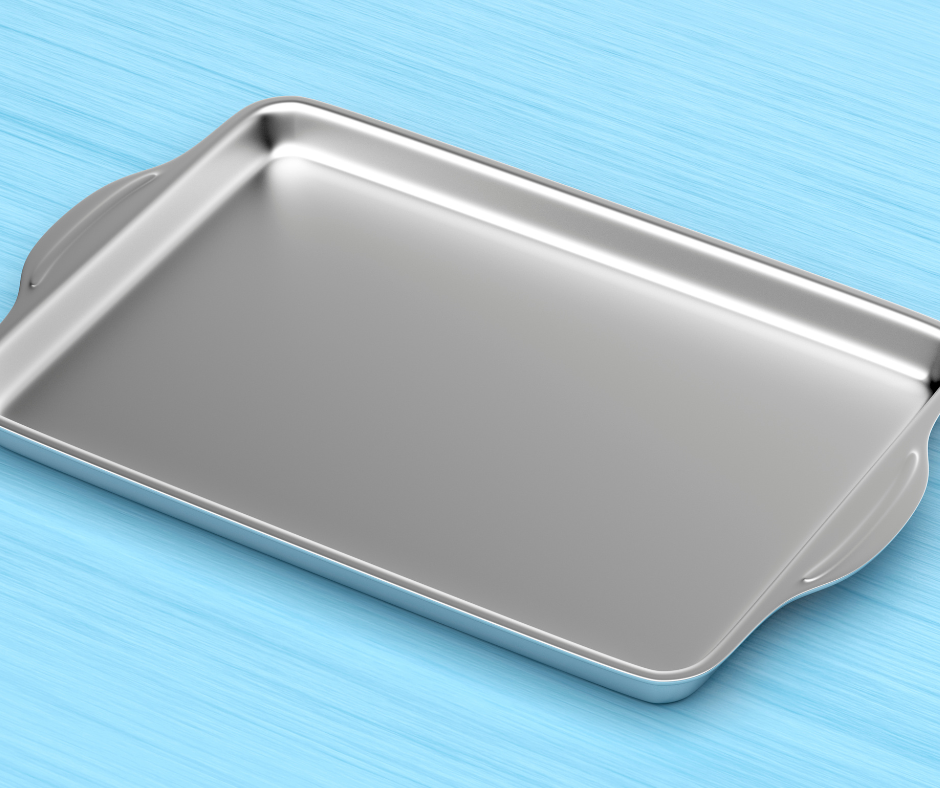 A shallow baking pan with low sides, ideal for convection cooking