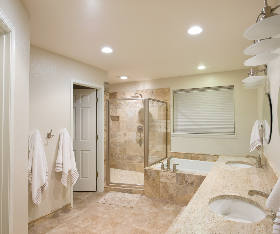 A bathroom with a newly remodeled 4 foot bathtub shower combo